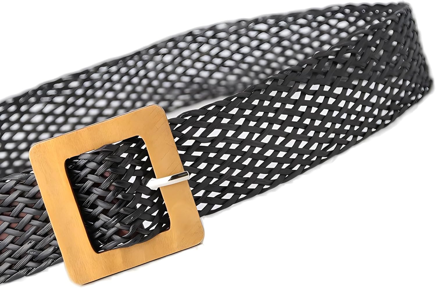 Women Faux Leather Woven Belts for Dresses Wide Waist Belt with Square Buckle
