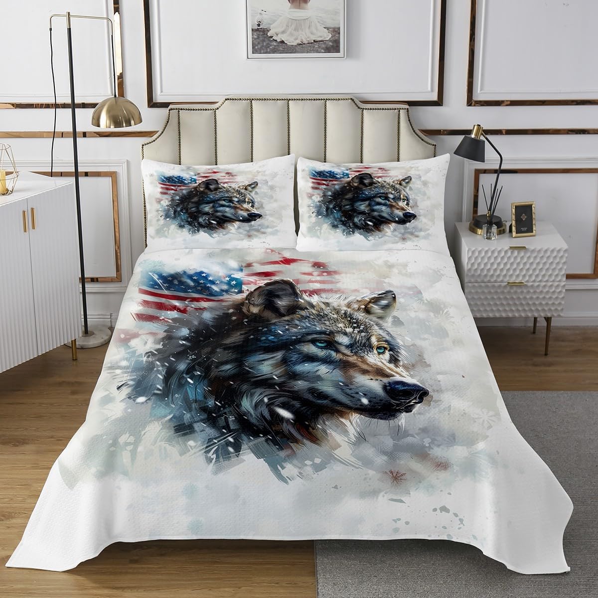 Wildlife Animal Bedspread King,American Flag Quilted Coverlet 3pcs for Adults Teens Room Decor,Wolf Soft Breathable Bedding Quilt