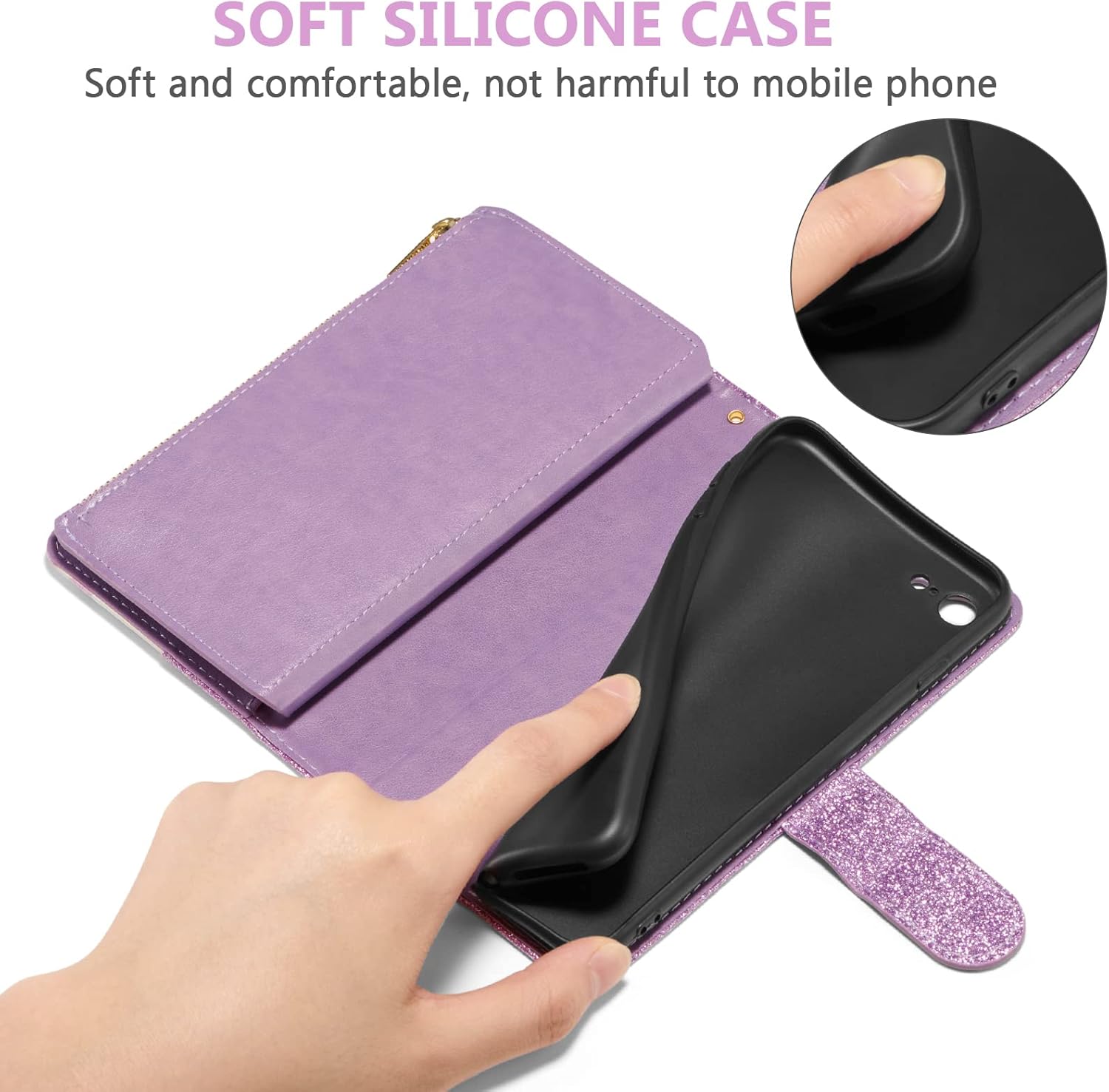 UEEBAI Wallet Case for iPhone 16, PU Leather Wallet Magnetic Closure Handbag Zipper Pocket Cover Kickstand Card Slots with Hand Strap Rose Flip Case for Women - Glitter Purple - Image 5