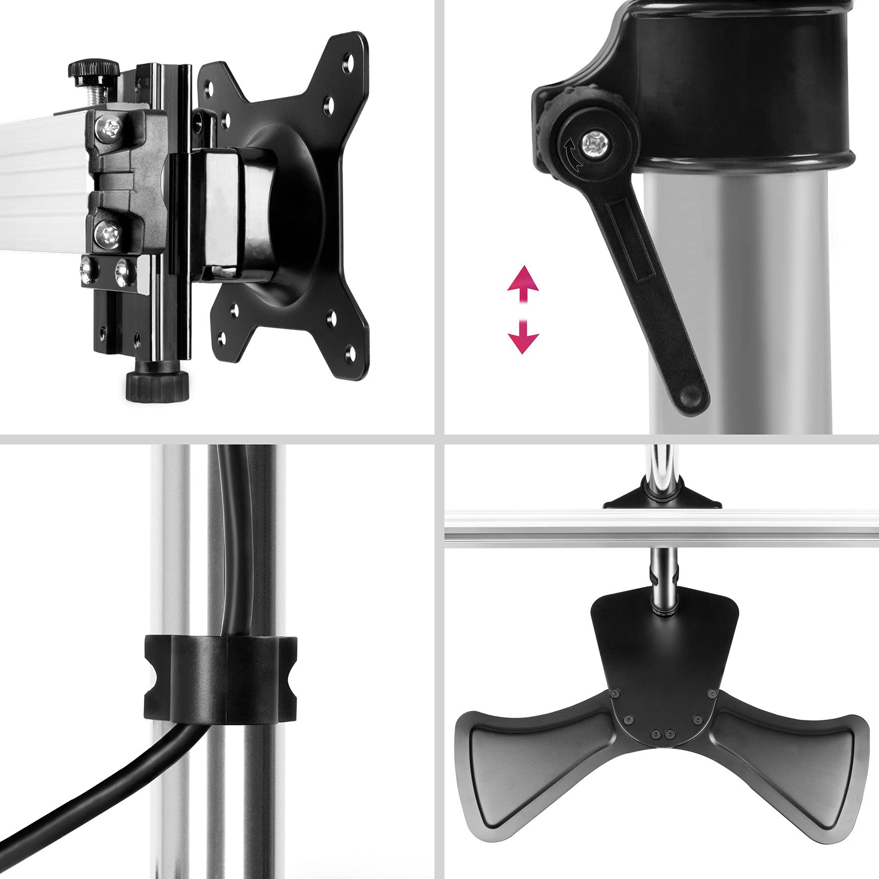 Duronic DM753 Support 3 écrans de PC sur Socle Hauteur Ajustable Rotatif Inclinable Compatibilité avec Moniteur VESA 75 100 Potence et Bras en Aluminium Passe câble Inclus