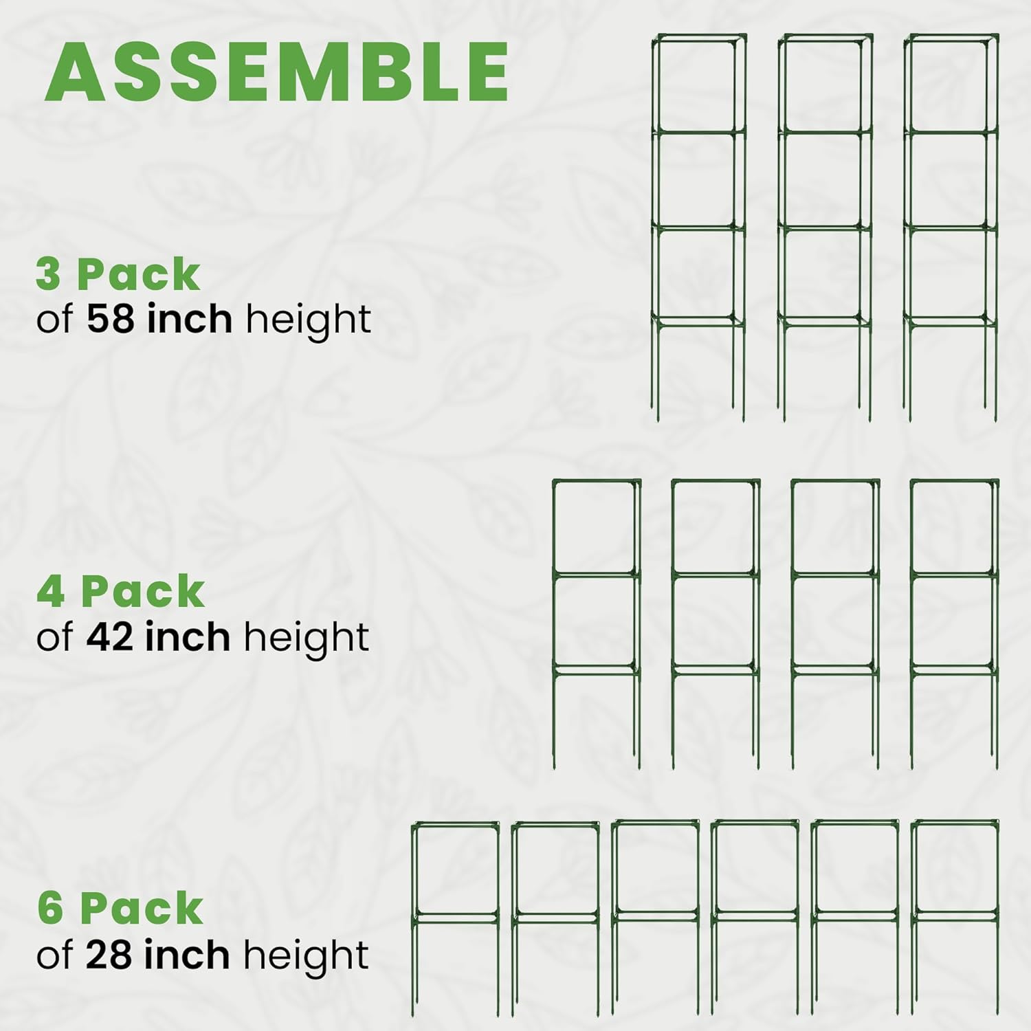 Tomato Cage Square - Large Trellis Stakes and Plant Support Structures for Vegetables and Climbing Plants - Tall Tomato Cages for Garden, Pots, Raised Garden Bed Outdoor Supplies (3 Pack - Up to 58")