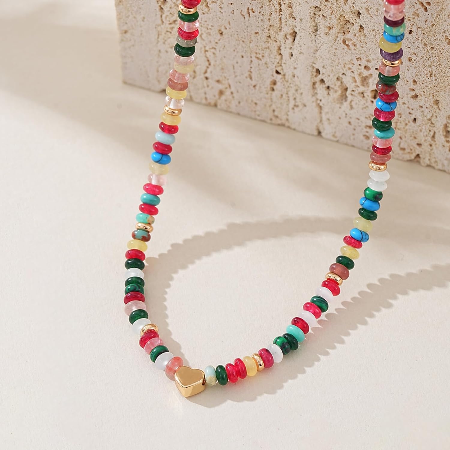 Beaded Necklaces for Women Dainty Colorful Bead Heart Chokers Gemstone Boho Natural Stone Surfer Necklaces Summer Beach Jewelry (Rainbow-heart)