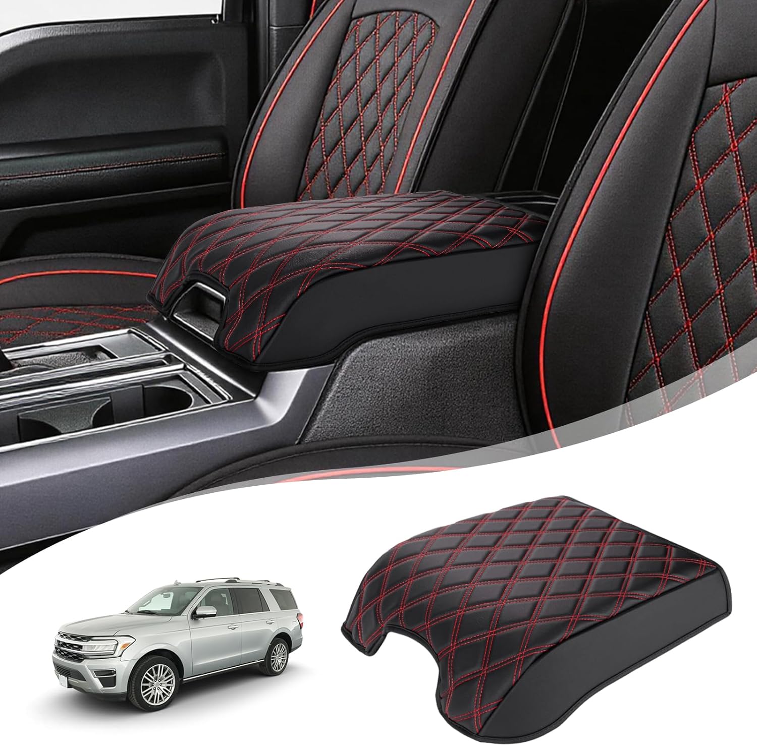 GNATIN Center Console Armrest Cover for Ford F-150 (2015–2020) with Red Stitch