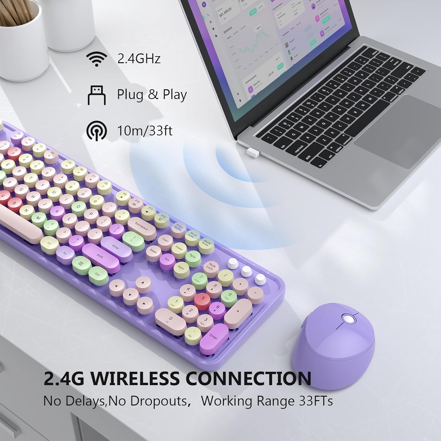 Wireless Keyboard and Mouse Combo, MOFII Full-Size Retro Round Keyboard and Mouse, 2.4 GHz Wireless, Plug and Play, 8 Multimedia & Shortcut Keysfor Mac, Windows, Laptop/Desktop/PC (Purple)