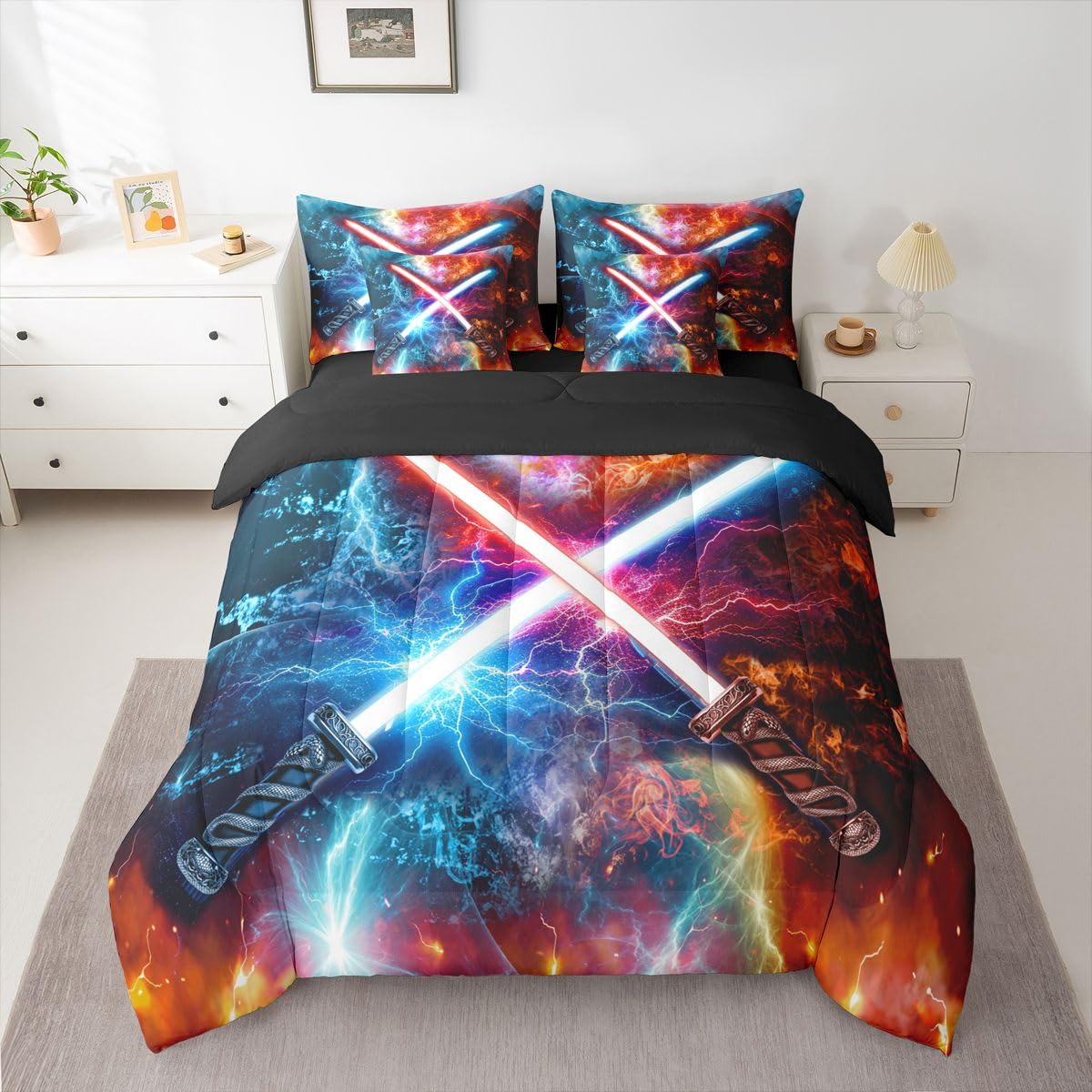Feelyou Lightsaber Bedding Set 7 Pieces Queen Size Kids Water and Fire Print Bedding Set for Boys Girls Teens Red Blue Comforter Set Bed in a Bag （