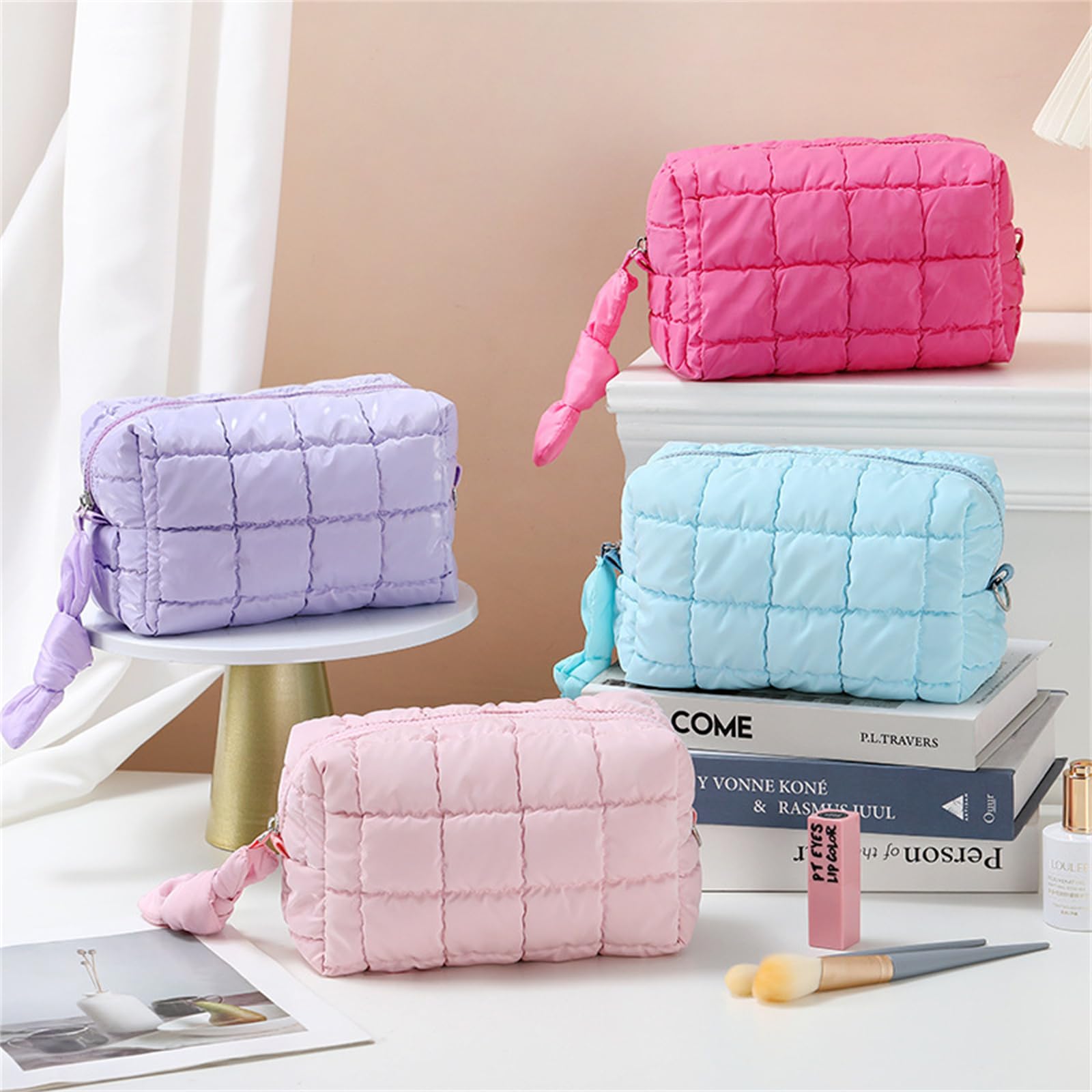 Grande trousse de maquillage matelassée, grande trousse de toilette de voyage pour femmes et filles, idéale pour un sac à main essentiel, Argenté., Taille unique