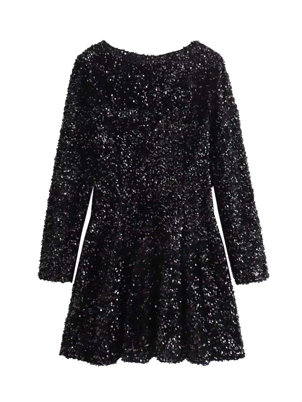 Fulbant Vestido de fiesta con lentejuelas para mujer, cuello corazón, manga larga, ajustado, vestido corto acampanado