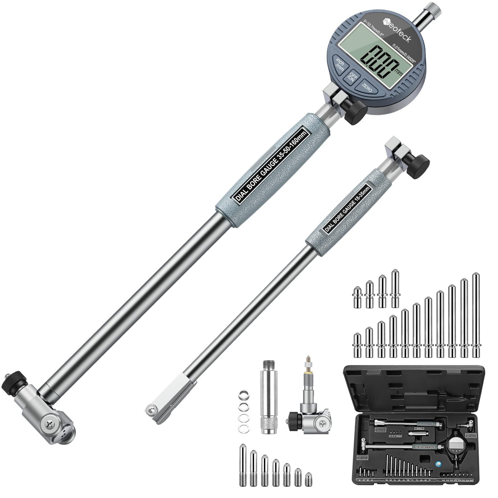 Neoteck Set di Comparatori per Alesaggio 18-160mm con Indicatore Digitale 0~12,7mm/0,5" e Custodia ABS