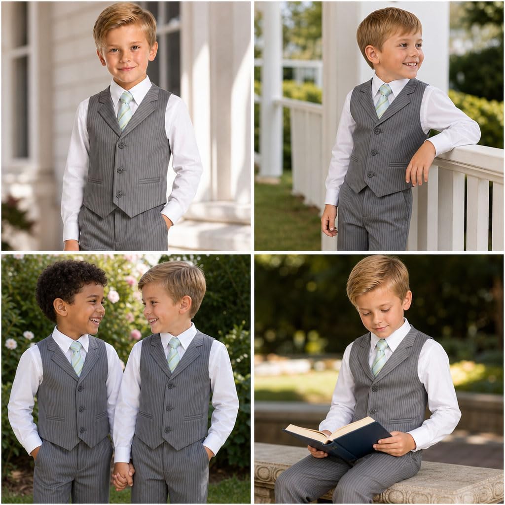 Gino Giovanni Boys 4-Piece Pinstripe Vest Set with Long Sleeve Dress Shirt, Pants and Zipper Tie, Fully Lined