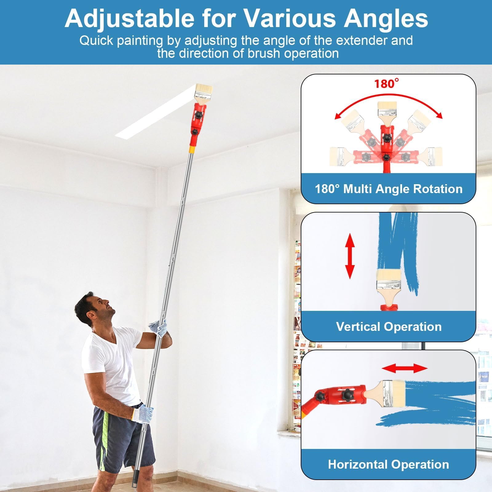 Przedłużenie pędzla z wieloma kątami, 1,8 m, Multi Angle Paint Brush Extende, wysuwany wałek malarski, drążek przedłużający do wysokich sufitów, ścian, narzędzie do malowania narożników (czerwony)