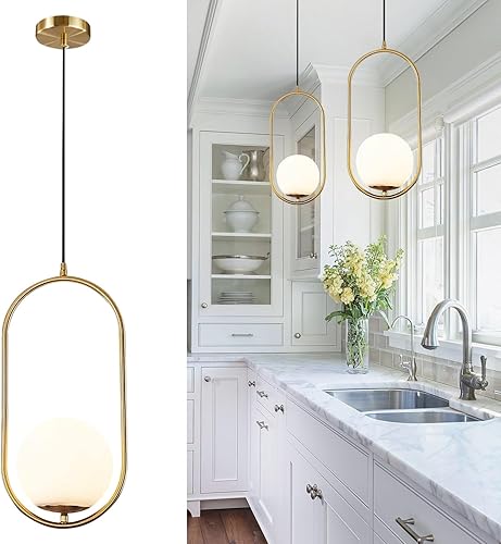 BOKT Lámpara colgante moderna de mediados de siglo con globo de latón cepillado dorado para isla de cocina, 1 luz, lámpara colgante de techo con
