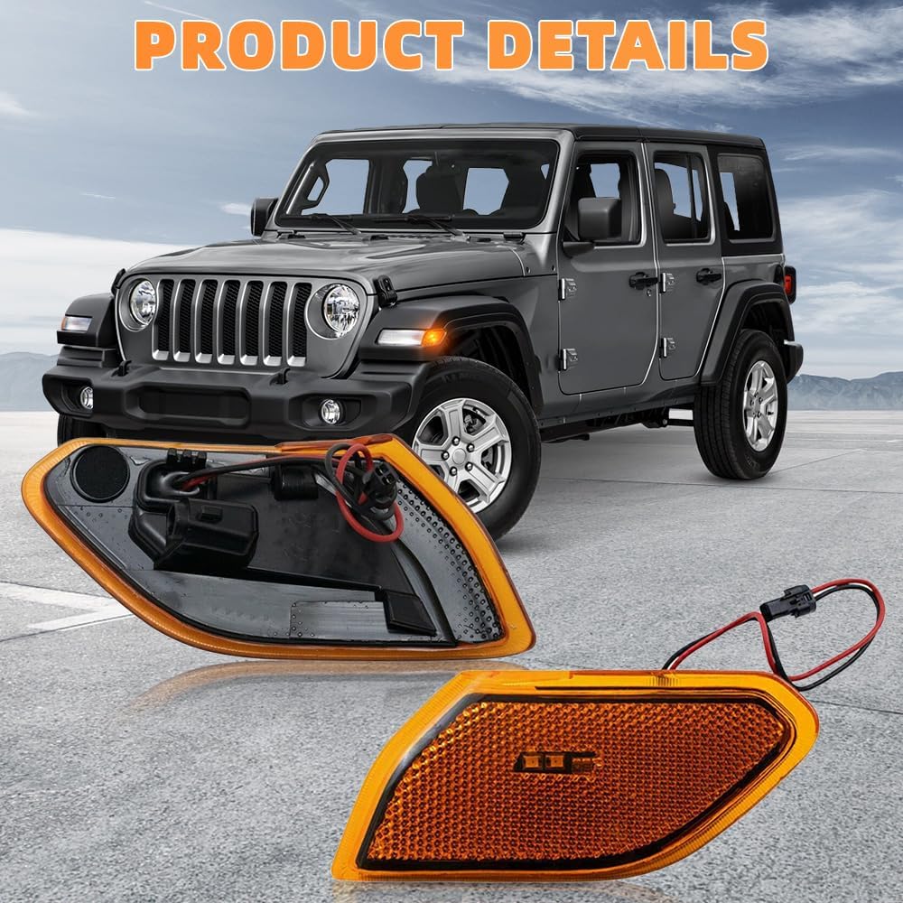 LED Side Marker Light, ‌Compatible with Jeep Wrangler 2018-2021, Compatible with Jeep Gladiator 2020-2021, 68302119AB‌, CH2550137‌, Amber Turn Signal Indicator Front Bumper Light, Left