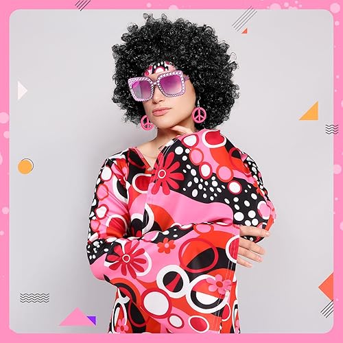 Miniatura 4 de Shihanee 7 Pcs Women 70s Hippie Costume Accessories Disco Outfits Earring Necklace Headband Wig Glasses