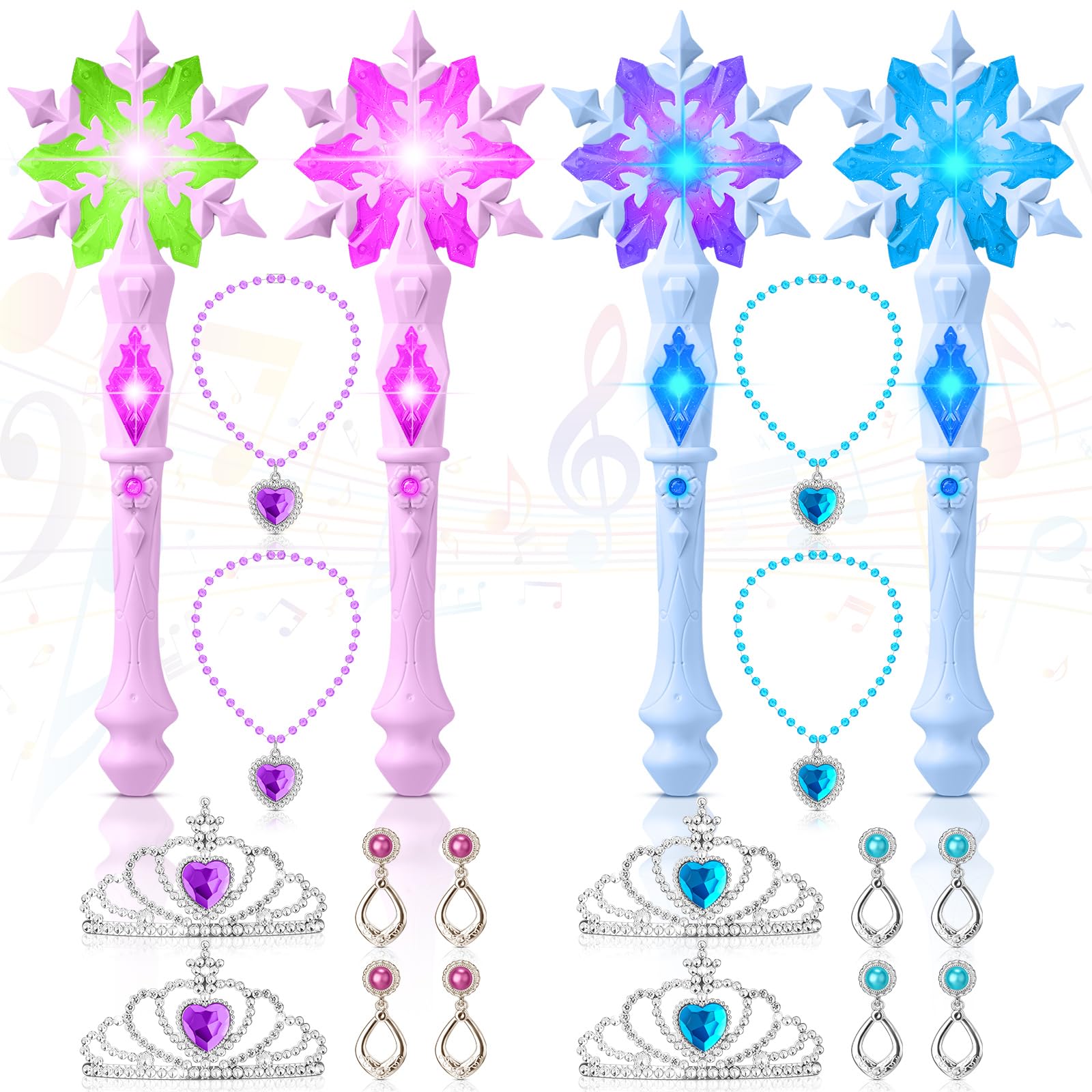 Libima 4 Sets Light Up Snowflake Wands with Sound Princess Fairy Wand LED Snowflake Valentine's Magic Wand with Sound Princess Crown Accessories for Kids Girls Princess Party Favors Costume Cosplay