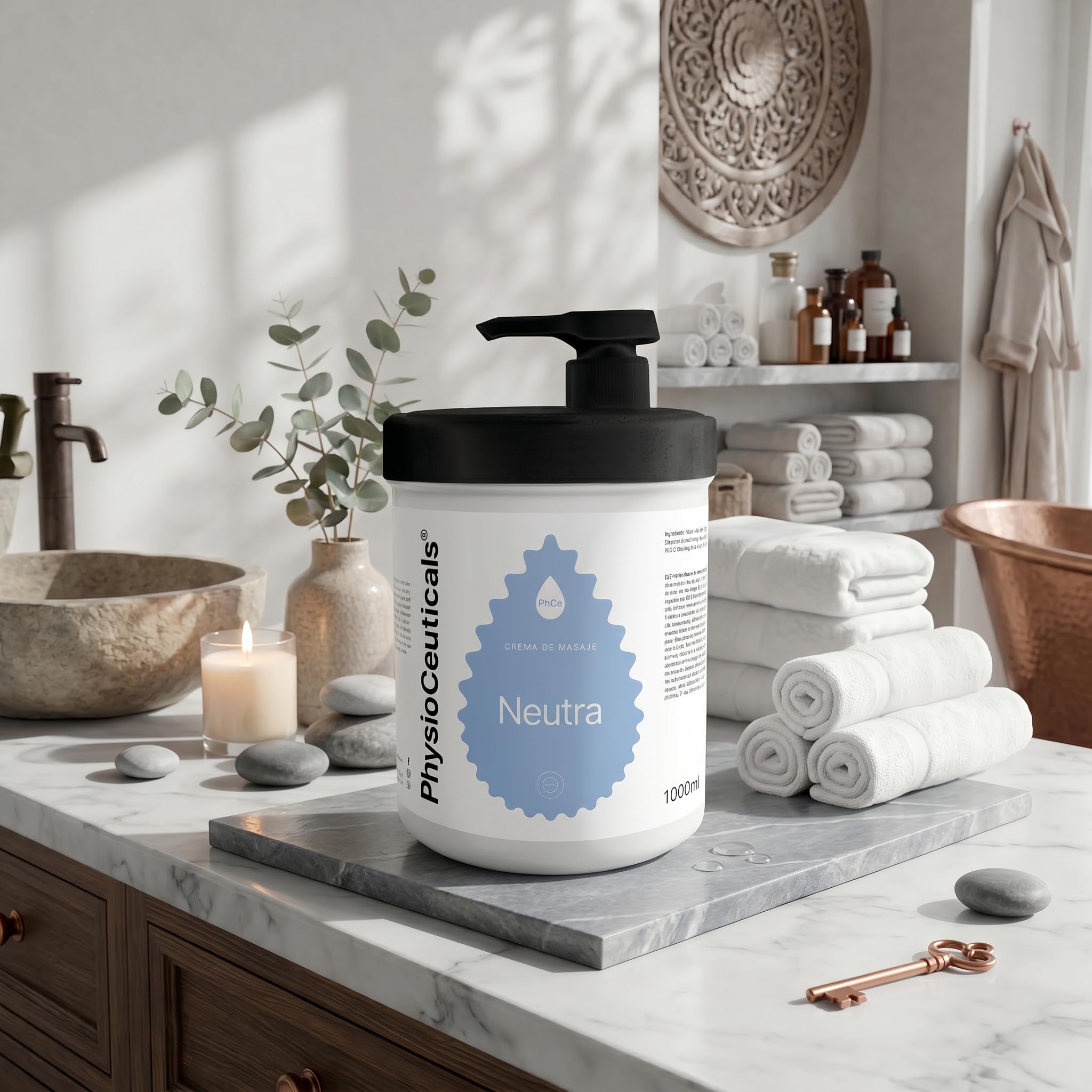 PHYSIOCEUTICALS - Crème de Massage Neutre professionnelle 1000 ml + Pompe doseuse - Base sans parfum à la vitamine F - Idéale pour la physiothérapie, le chiroprassage et les spécialistes