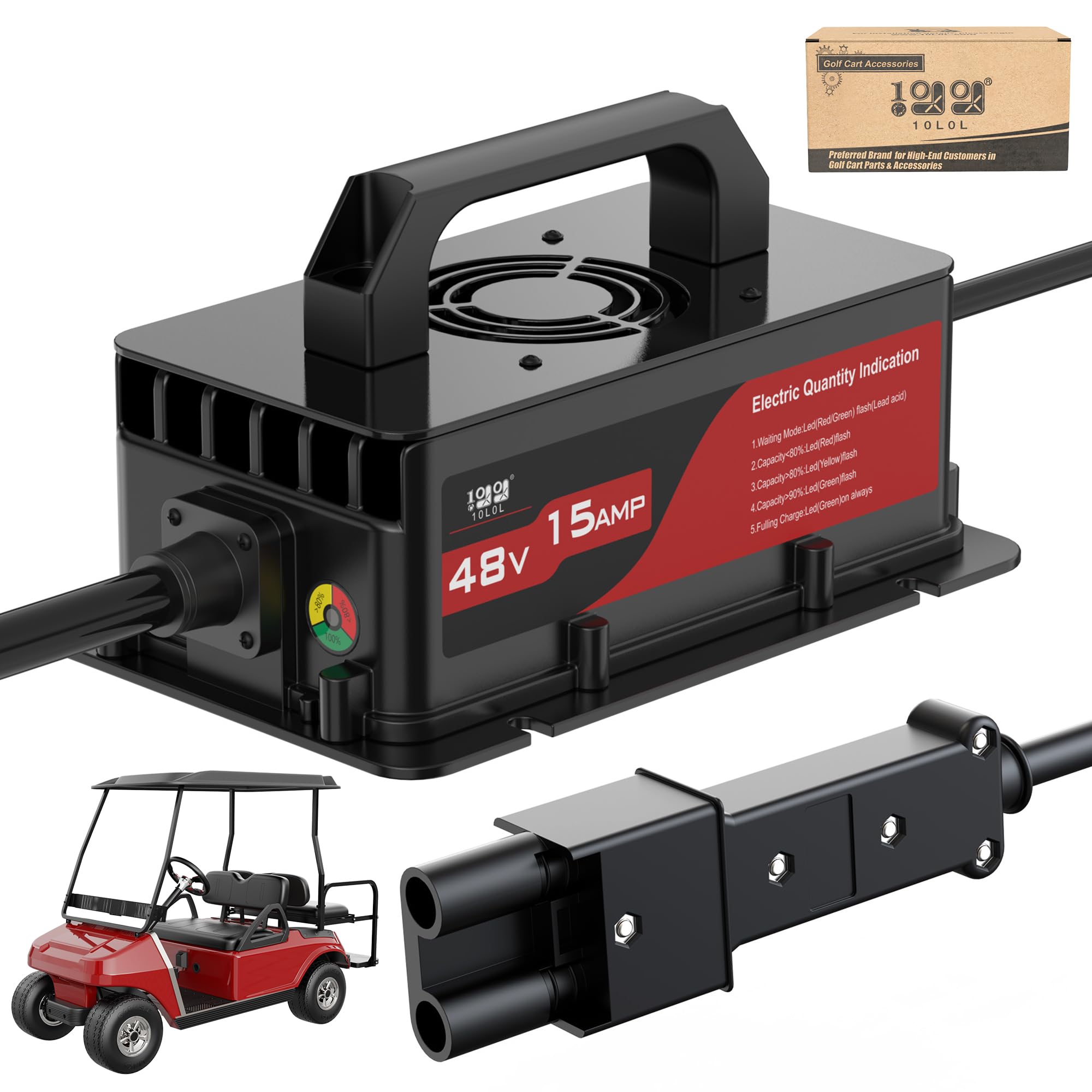 10L0L Cargador de batería de carrito de golf de 15 amperios y 48 voltios para carritos Yamaha G19/G2, cable de 16 pies con carga lenta, enchufe impermeable IP67 de 3 pines para batería de plomo-ácido