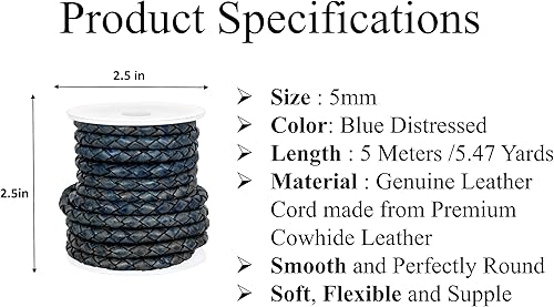 Miniatura 6 de Cuerda de cuero trenzada redonda realgenuina doblada, cuerda de cuero para manualidades, fabricación de joyas, collares, pulseras (16.4 ft) (0.197