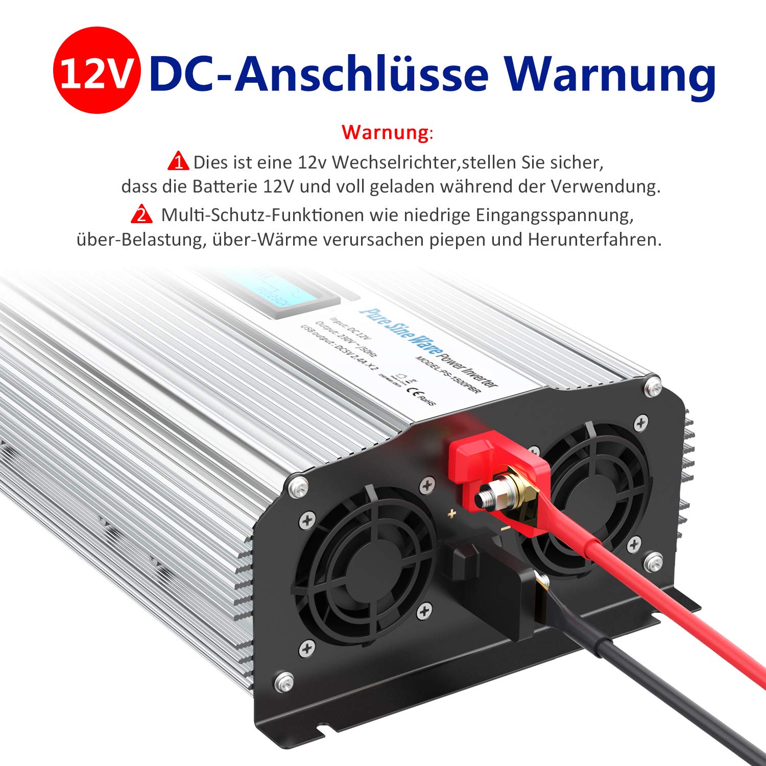 GIANDEL Czysty sinusoidalny falownik 1500 W DC 12 V na AC 230 V przetwornica napięcia z 2,4 A, podwójne porty USB i pilot zdalnego sterowania oraz wyświetlacz LCD do samochodów ciężarowych