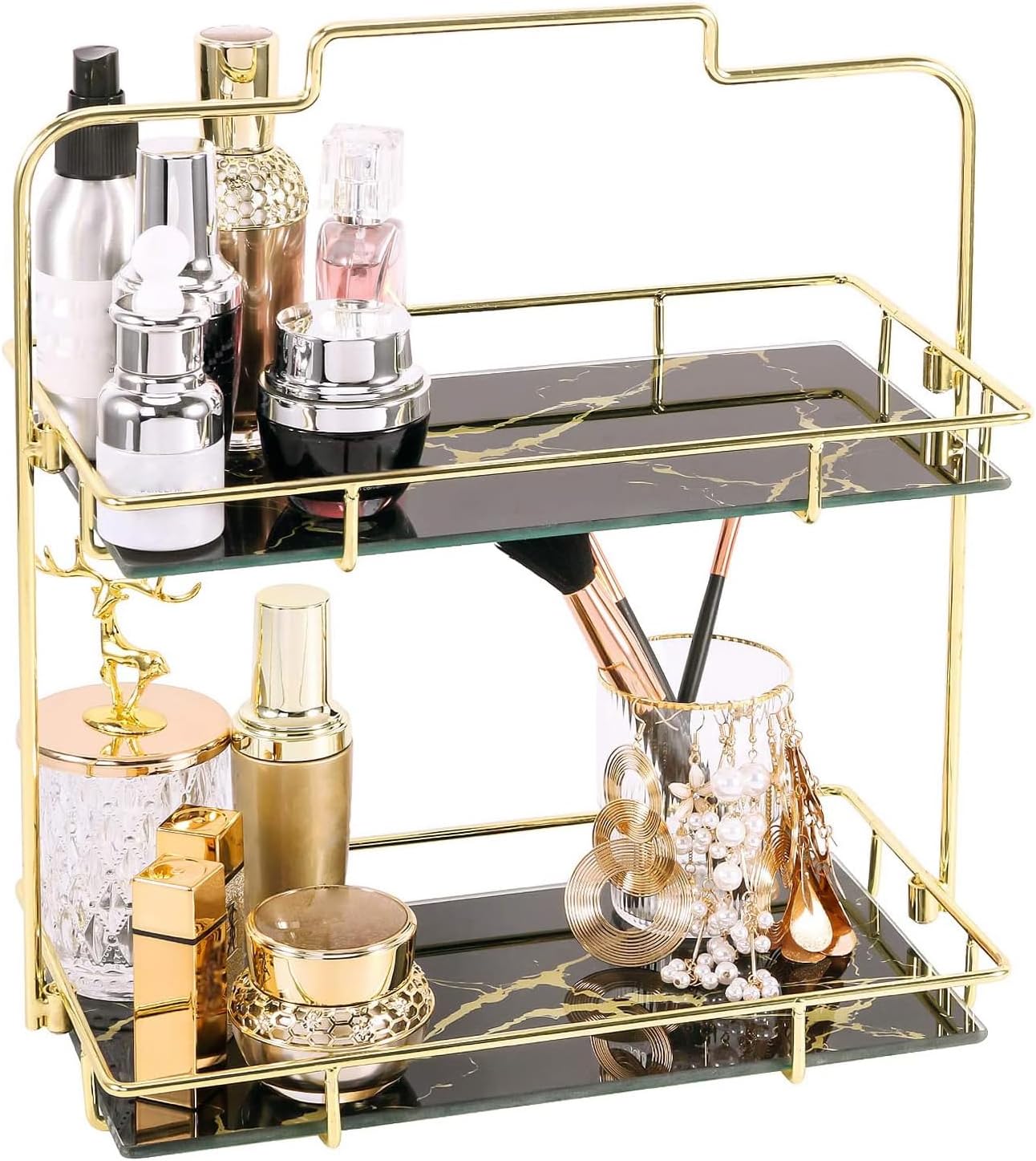 Simmer Stone Makeup Organizer Shelf, 2 Tier Cosmetic Storage Basket with Removable Glass Tray, Wire Vanity Organizer Rack for Dresser, Countertop, Bathroom and More, Gold