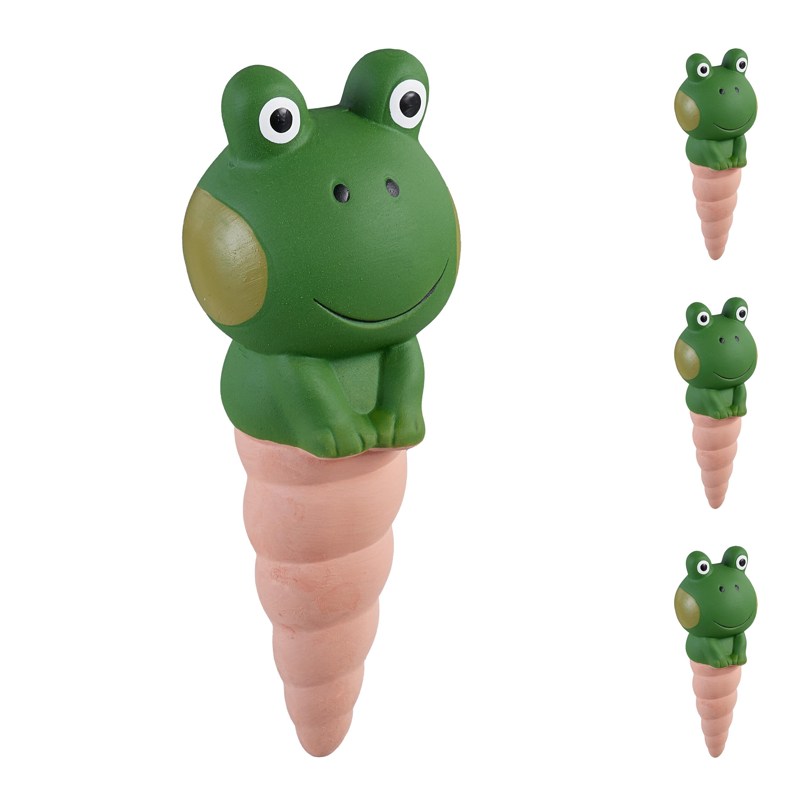 Relaxdays 4x Clay Cone Watering, 100 ml each, Irrigation Aid for Houseplants Frog Design, Sprinkler Plug, Colourful, Ceramics