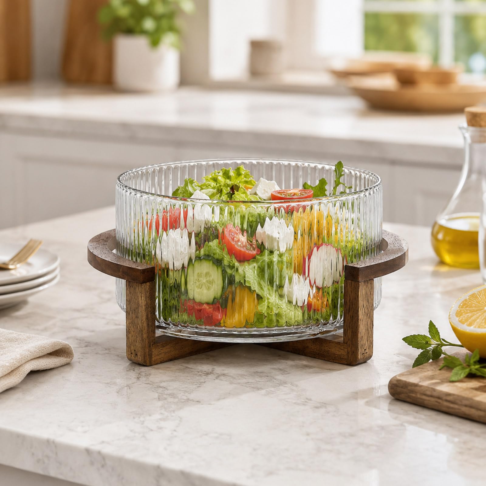 Großes Servierstück mit Holzständer für Obst, Clear