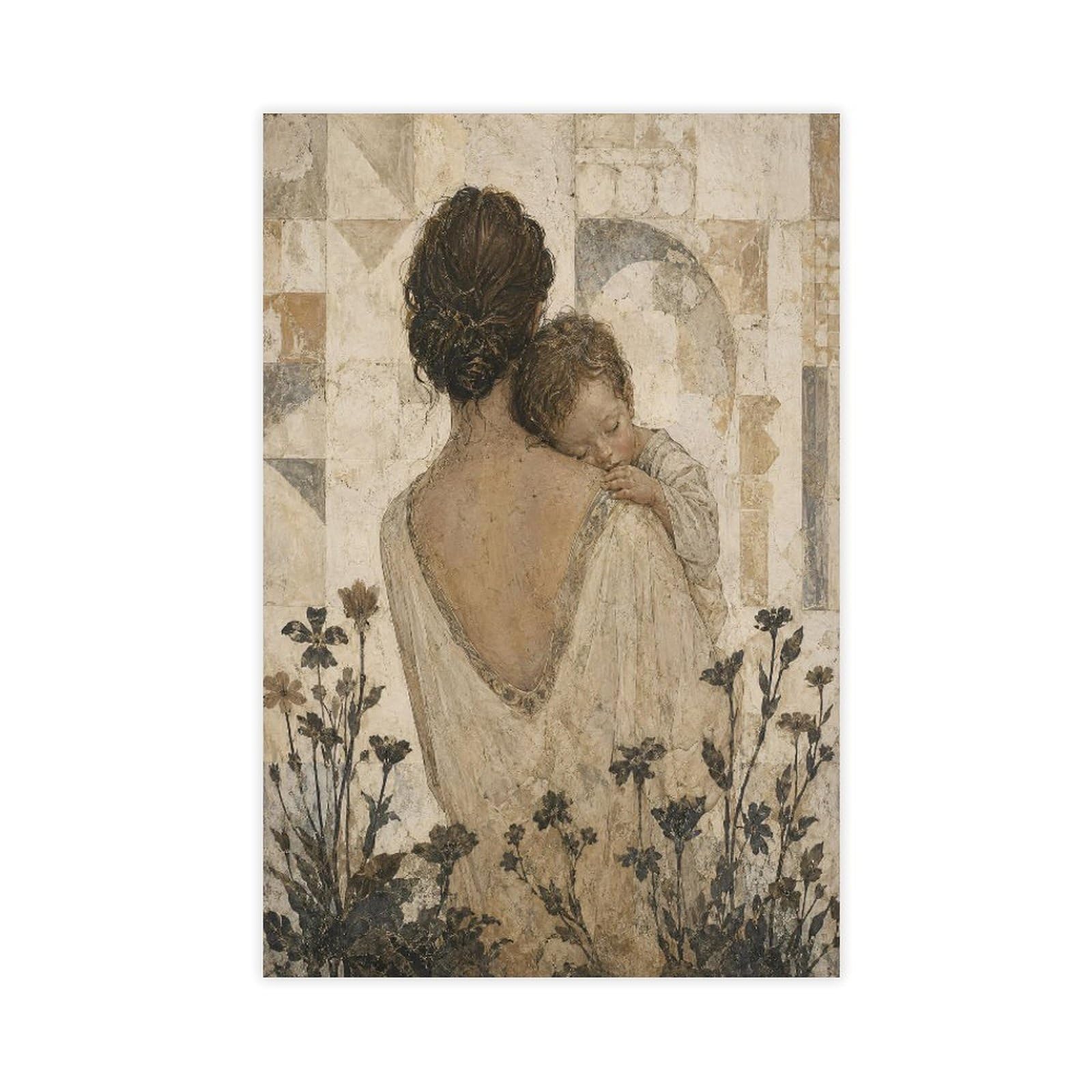 W7c8u2x3 Unframe-Style-12 Mother Child Sepia Canvas Wall Art, Soft Sketch Bedside