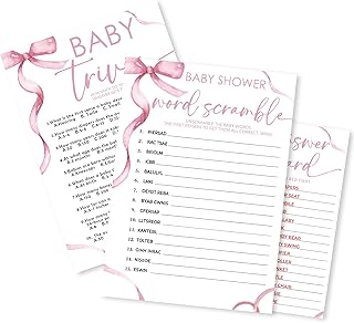 Word Scramble & Baby Trivia Theme Baby Shower Games - 30 Game Cards & 1 Answer Card - Pink Ribbon Bow - Boys & Girls - Ages 3+