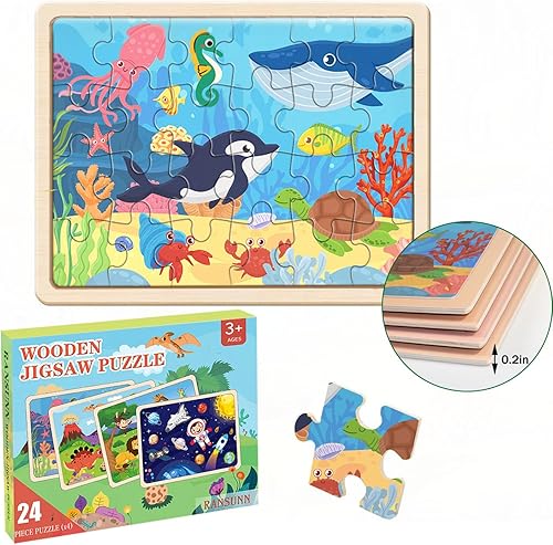 Miniatura 6 de Rompecabezas de madera para niños de 3 a 5 años  4-6, 4 paquetes de 24 piezas de rompecabezas de madera coloridos para niños pequeños, rompecabezas