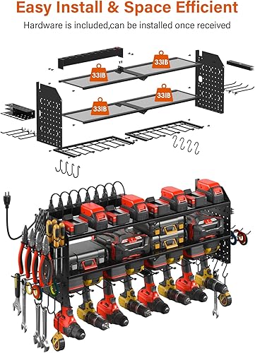 Miniatura 6 de JUNNUJ Organizador grande de herramientas eléctricas con estación de carga, controlador de 8 taladros y soporte de batería para herramientas,