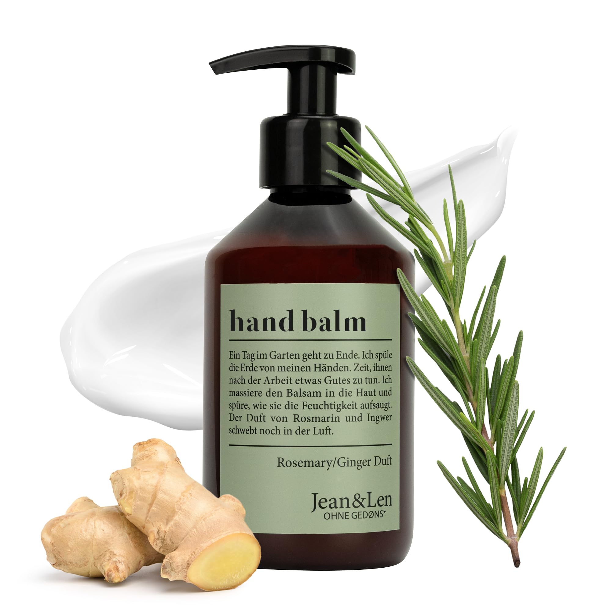 Jean & Len Balsamo Mani Rosmarino & Zenzero, con olio di argan bio, burro di karité e vitamina E per mani morbide, crema idratante per pelle secca, profumo fresco e aromatico, 250 ml