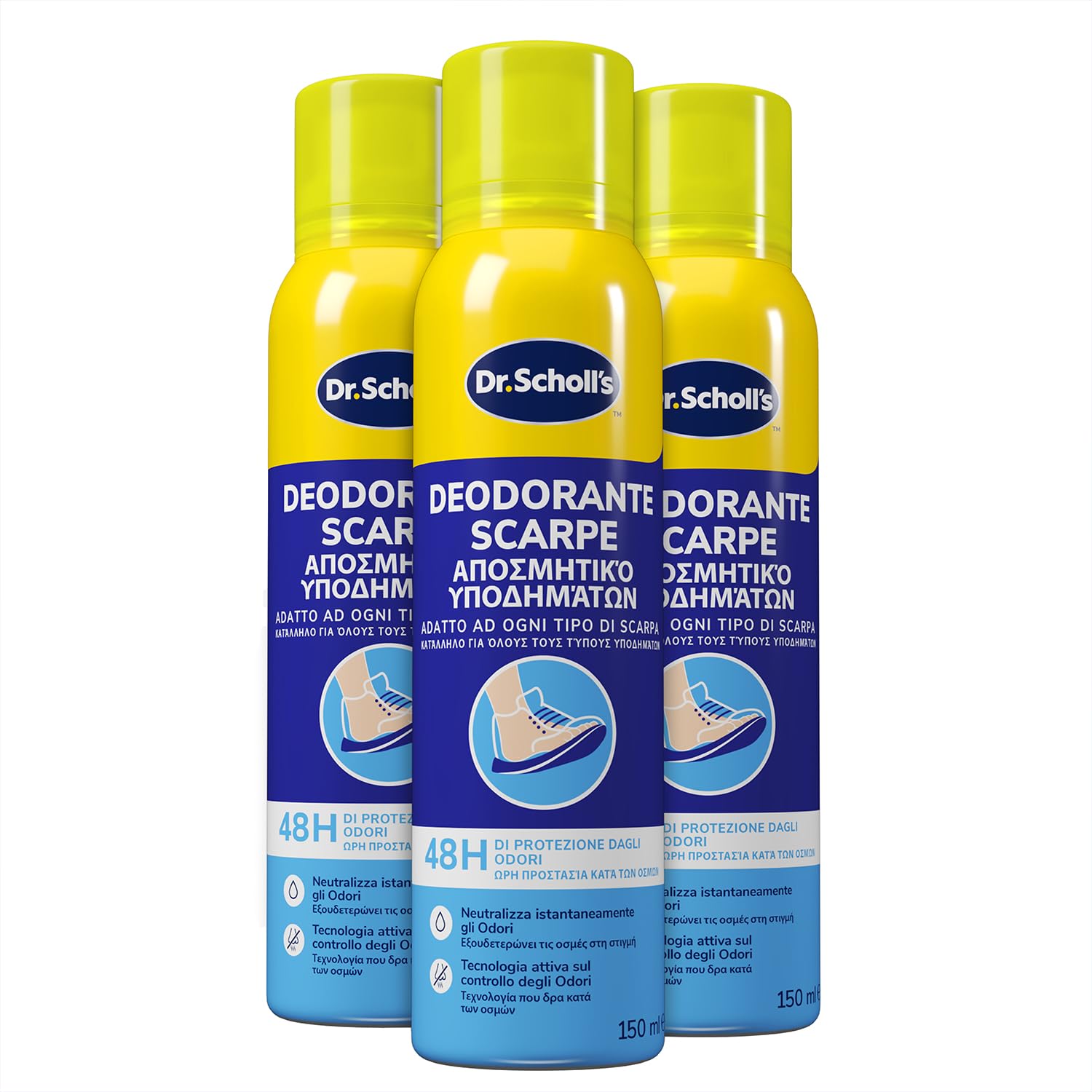 Dr. Scholl's, Deodorante Spray per Scarpe con Tecnologia Attiva sul Controllo degli Odori, Elimina e Protegge dai Cattivi Odori per 48h, Adatto ad Ogni Tipo di Scarpa, 3 Flaconi da 150 ml