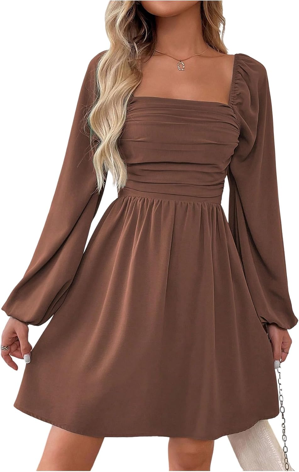 Women's Y2k Ruched Flowy Mini Dresses Square Neck Long Sleeve A Line Casual Party Short Dress