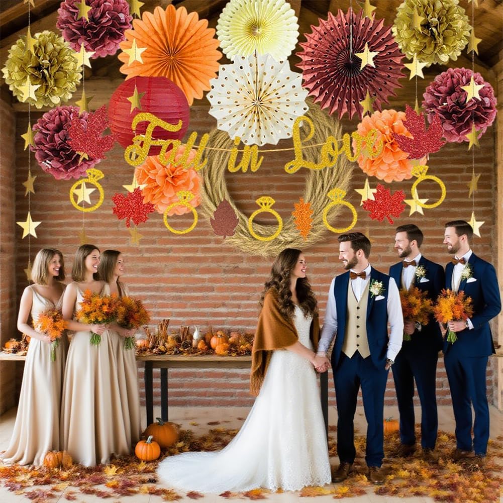 Fall Bridal Shower Decorations Fall In love Party Decorations Autumn Gold Ring Maple Leaves Garland Orange Burgundy Paper Fans Paper Pom Poms for Autumn Bride To Be Bachelorette Weddding Party Decor