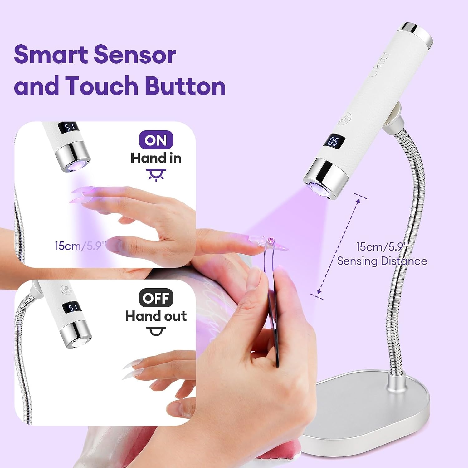 LIARTY UV Nail Lamp Cordless: Mini Rechargeable Auto Sensor LCD Display 2 Timers - Gooseneck Flash Curing Light Pen for Gel Nails Polish (White)