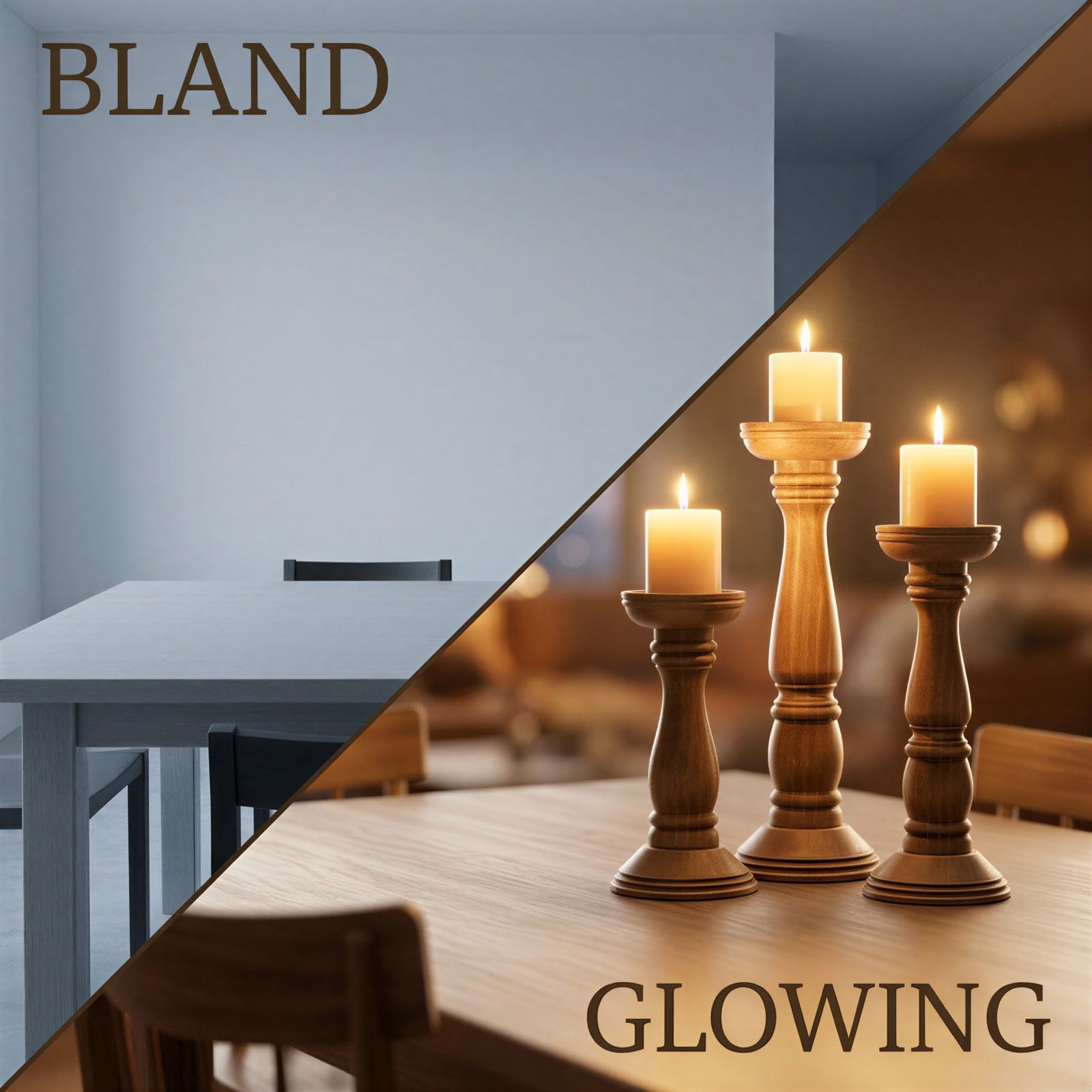 3 STK. Kerzenhalter Set aus Holz, rustikales Design mit Nussbaumfinish, Elegante Kerzenständer im Landhausstil in verschiedenen Höhen, für Hochzeitsdeko, Tischmitte und Kaminsims