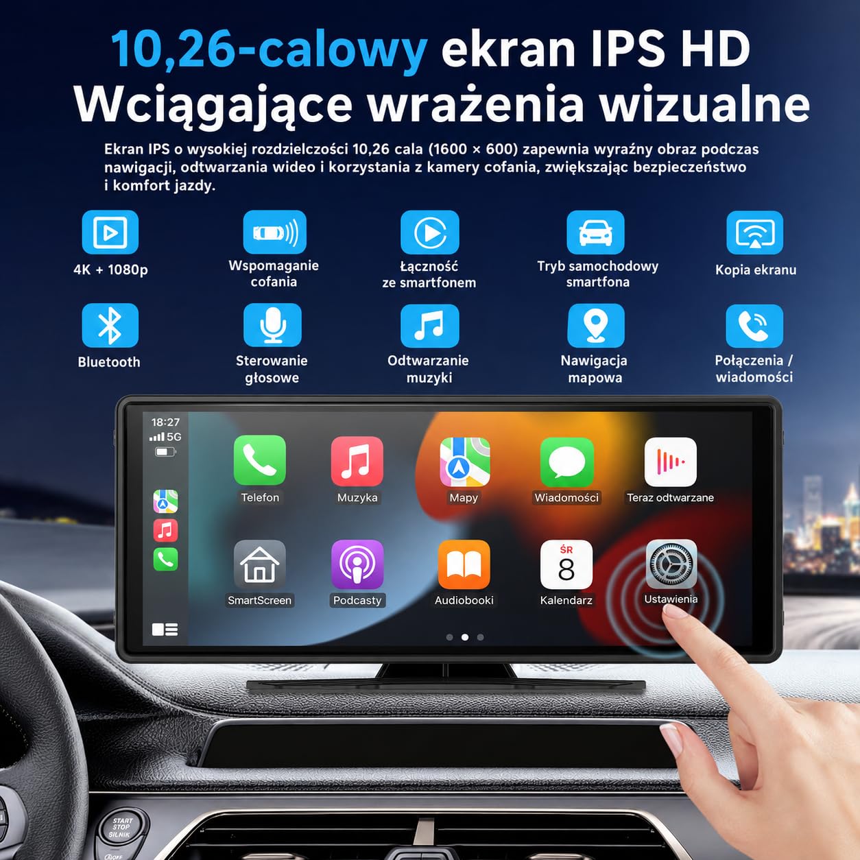 10,26" Przenośny Ekran Samochodowy z Bezprzewodową Obsługą CarPlay i Android Auto, Ekran Dotykowy do Samochodu z Kamerą do 4K i Kamerą Cofania 1080P, Bluetooth/FM/AUX, Mirror Link