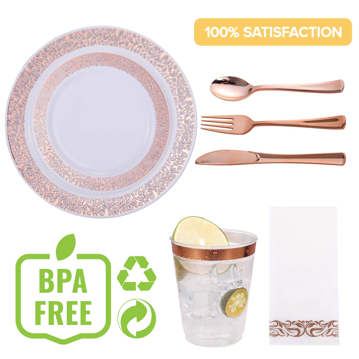 175 Piece Rose Gold Dinnerware Set 25 Guest50 Rose Gold Lace Plastic Plates25 Plastic
