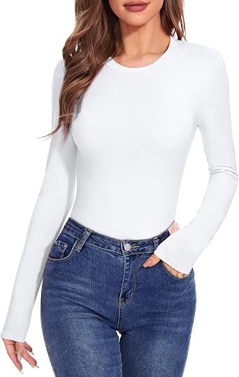 Womens Long Sleeve Crewneck Slim fit T Shirts Sexy Cute Dressy Casual Fall Basic Tops Tee Tshirt Blouse for 2025