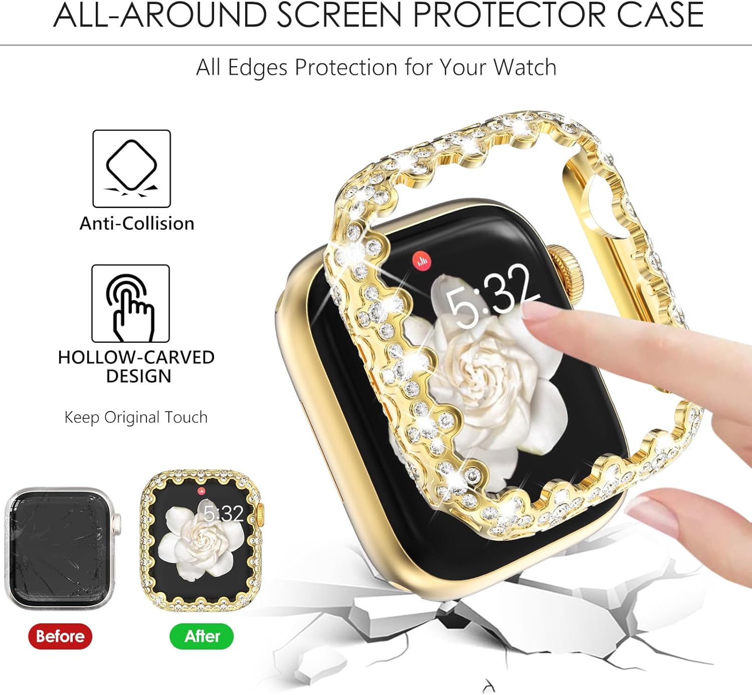 Wingle Bling Case Bumper for Apple Watch Series 11 10 42mm Case Cover, 4 Leaf Clover Lace Edge Diamond Crystal Rhinestone Protective Face Cover Hard PC Frame Protector iWatch 11 10 Cases 42 mm, Gold - Image 5