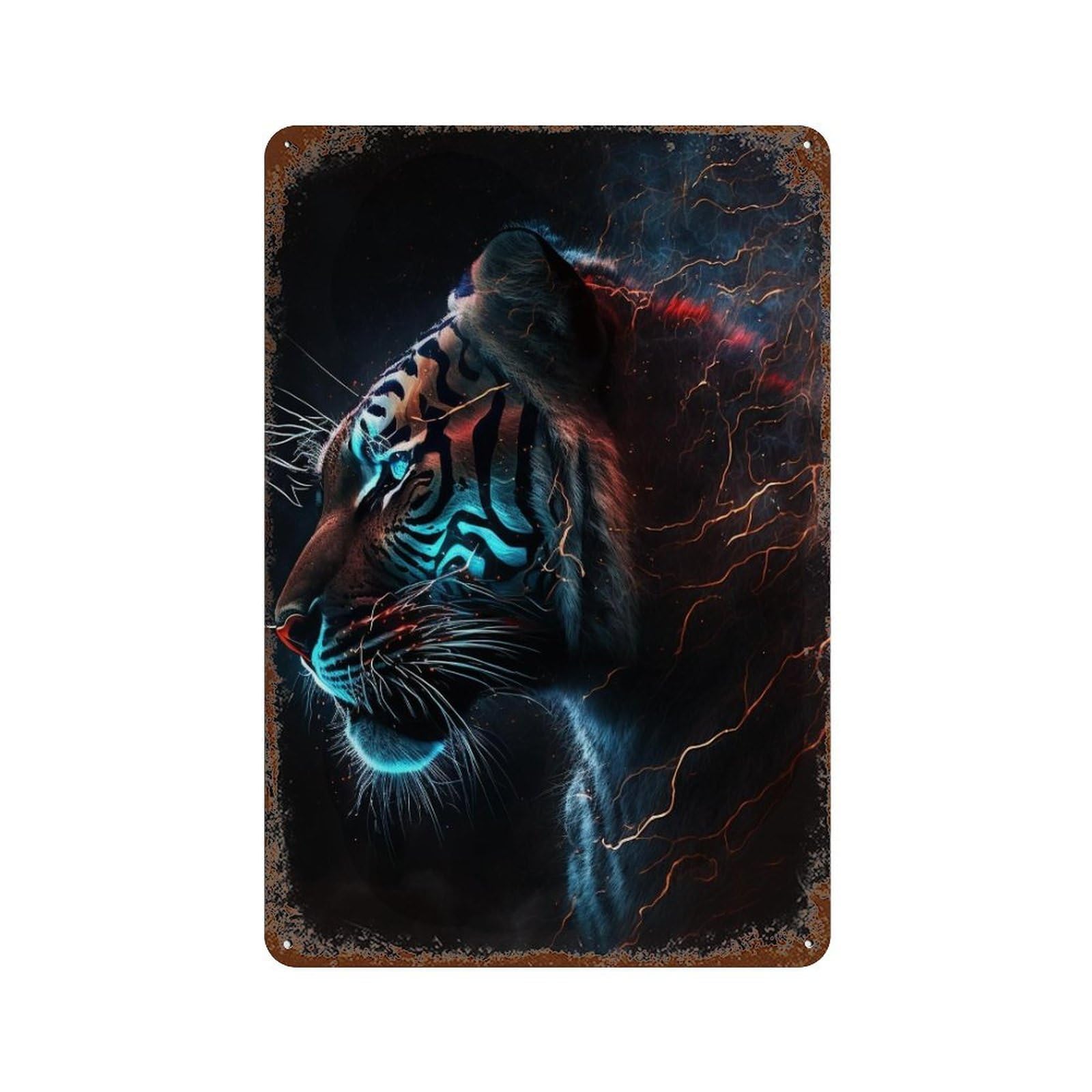 Rustic Tin Plaque Neon Tiger Art Print 11.8"x7.9", Vintage Wall Decor for Pub, Kitchen And Man Cave Decor