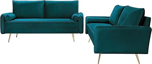 Miniatura 6 de Juego de sofá de terciopelo inspirado en Chesterfield de 2 piezas con patas oblicuas de metal dorado, azul verdoso