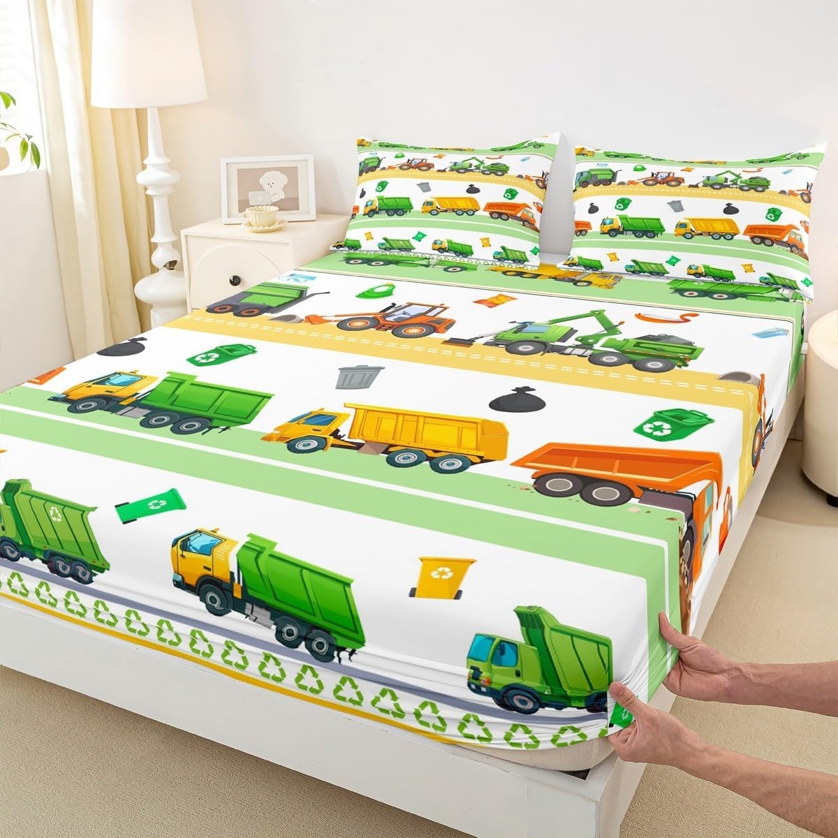 Garbage Trucks Kids Fitted Sheet Queen Size,Cartoon US Garbage Trucks Toddler Bedding Set,Boys Girls Adults Room Decor,Green Vehicles Fashion Bed Cover,Bright Chic Bed Sheet,2 Pillowcases