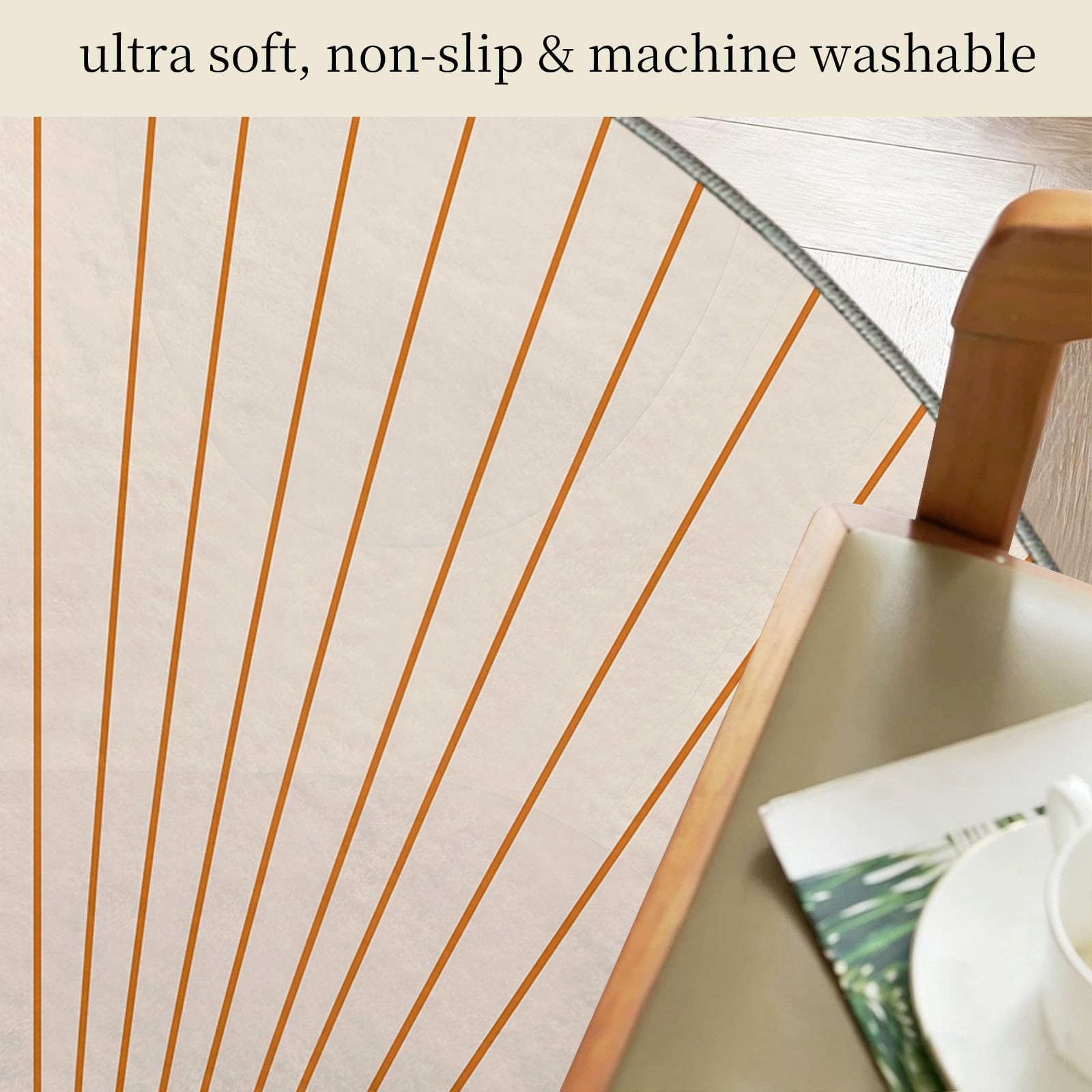 Tappeto rotondo lavabile, 90 cm, stile bohémien, morbido, con stampa astratta rossa dei raggi del sole, antiscivolo, per ingresso, soggiorno, camera da letto, accanto al divano e all'ufficio (beige)