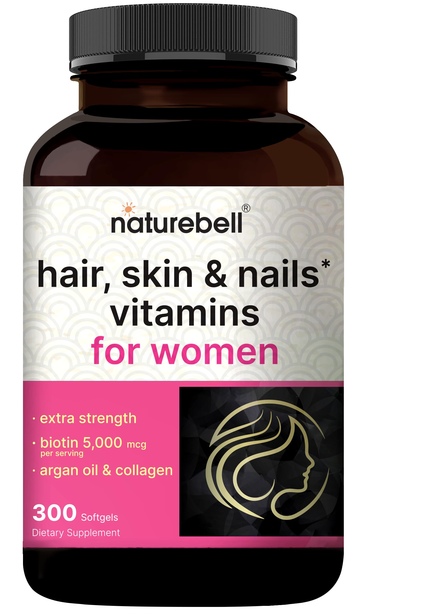 NatureBell Hair, Skin & Nails* Vitamins for Women, 300 Softgels – 5000mcg Biotin, Collagen, Keratin, Hyaluronic Acid, Argan Oil & B‑Complex – 21‑in‑1 Formula with MCT Oil, 100 Days Supply