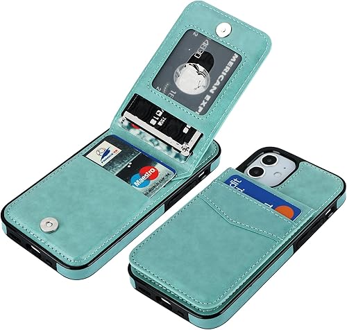 KIHUWEY Funda compatible con iPhone 12 Mini de 5.4 pulgadas (verde menta) con soporte para tarjeta de crédito, cierre magnético de alta calidad,