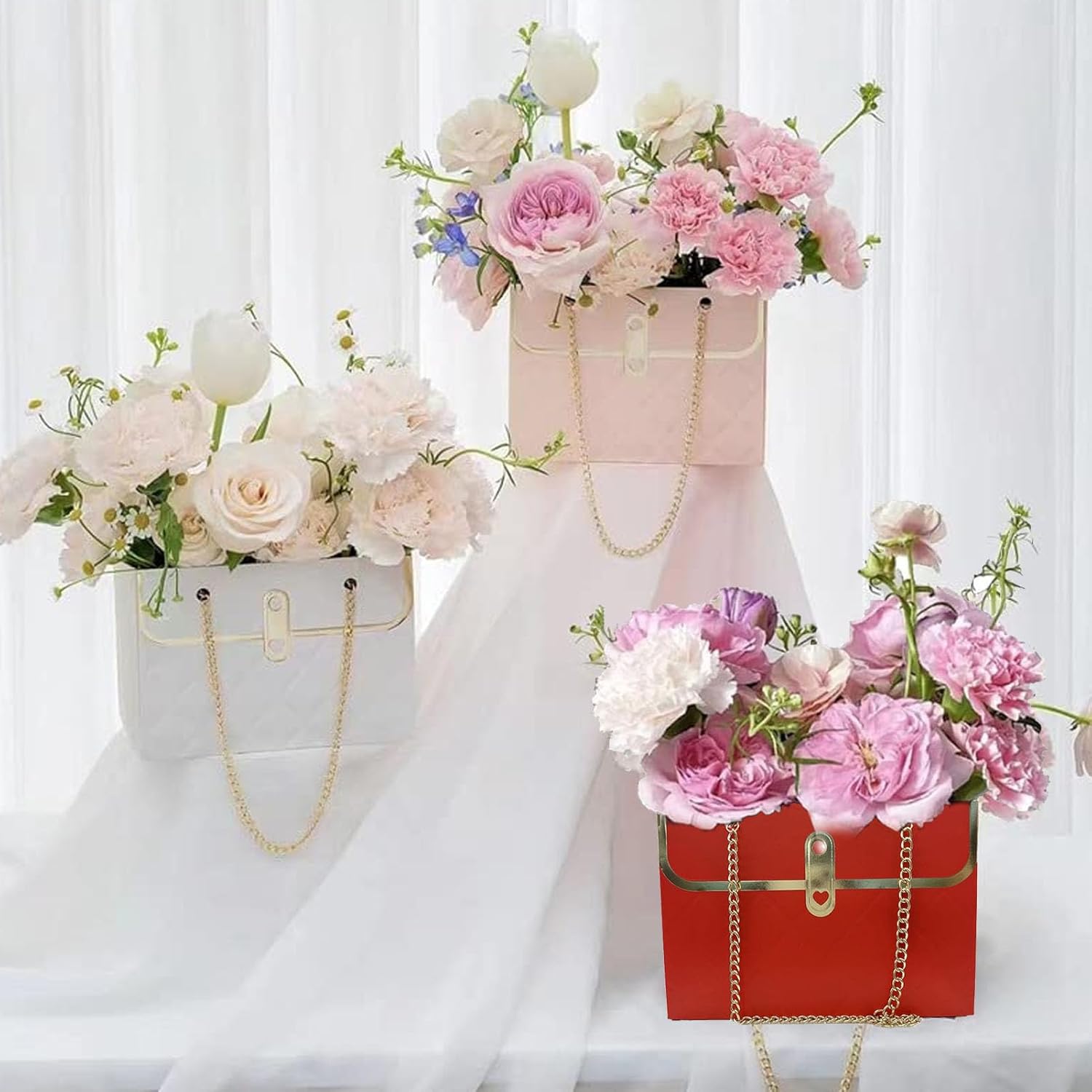 4pcs Paper Flower Bags for Bouquets, Flower Boxes for Arrangements, Paper Flower Gift Bags with Handles Florist Supplies for Weddings Mother's Day (Red) - Image 2