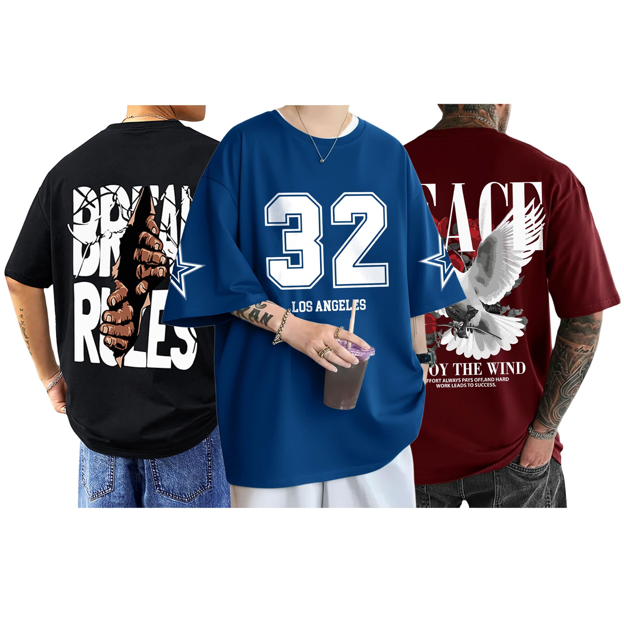 AUSK Baggy Hip-Hop T-Shirt for Men - Black Black,Teal,Maroon - Image 1