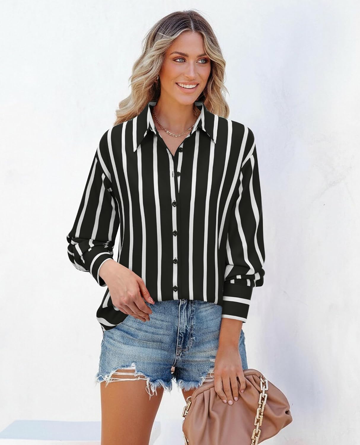 siliteelon Button Down Shirts for Women Striped Long Sleeve Oversized Boyfriend Blouses Collared Work Drop Shoulder Tops - Image 4