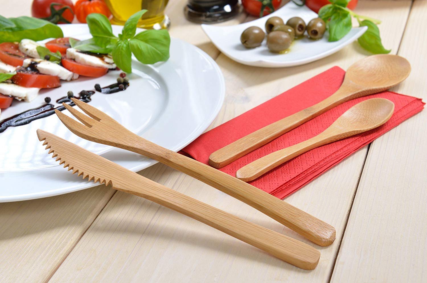 Set De Couverts En Bambou - Lot De 30 Pièces (10 Couteaux, Fourchettes, Cuillères), Réutilisable