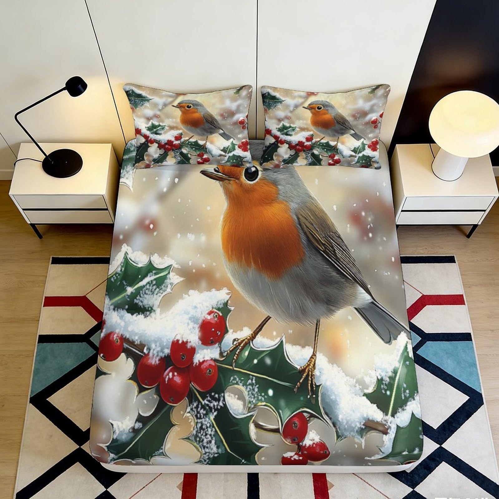 3D Printed Robin Snowy Holly Fitted Sheet Microfiber Soft Bed Cover for Bedroom Guest Room Mattress Decor 116 200x200x25cm